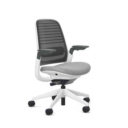 Steelcase Series 1 task chair, Billiard Pewter upholstery with Licorice 3D Microknit back, on white