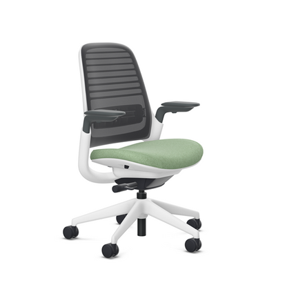 Steelcase Series 1 task chair, Billiard Olivine upholstery with Licorice 3D Microknit back, on white