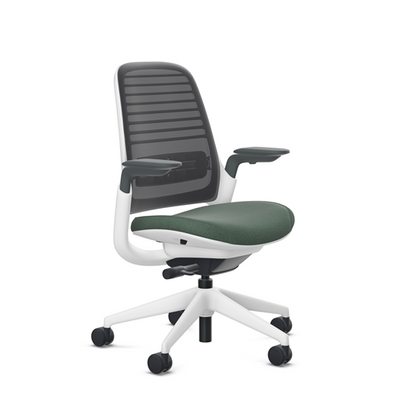 Steelcase Series 1 task chair, SoftNext Jade upholstery with Licorice 3D Microknit back, on white