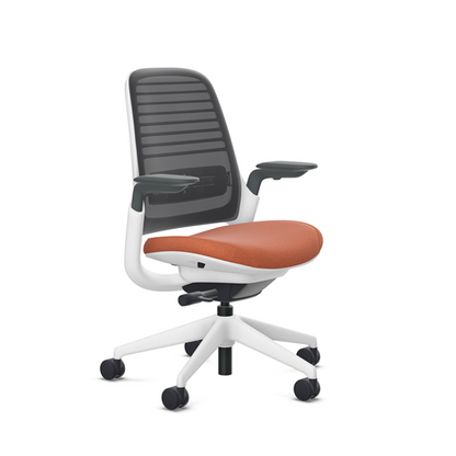 Steelcase Series 1 task chair, SoftNext Cinnabar upholstery with Licorice 3D Microknit back, on white