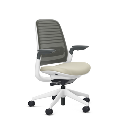 Steelcase Series 1 task chair, SoftNext Sandstone upholstery with Graphite 3D Microknit back, on white