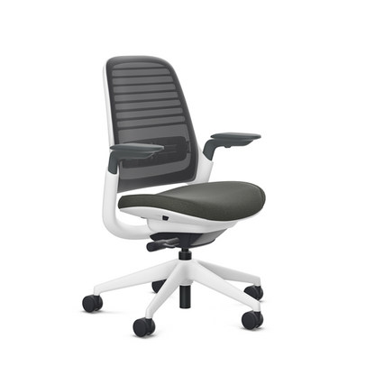 Steelcase Series 1 task chair, SoftNext Foggy Night upholstery with Licorice 3D Microknit back, on white