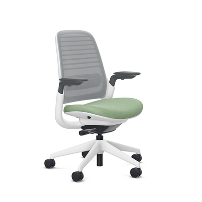 Steelcase Series 1 task chair, Billiard Olivine upholstery with Nickel 3D Microknit back, on white