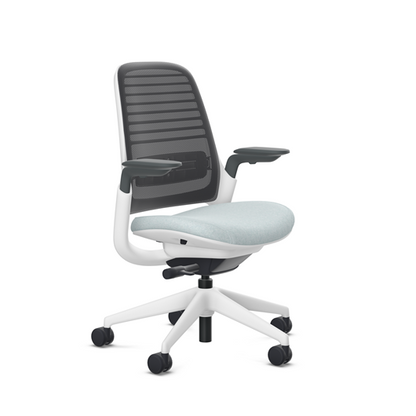 Steelcase Series 1 task chair, Billiard Sea Salt upholstery with Licorice 3D Microknit back, on white