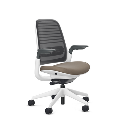 Steelcase Series 1 task chair, SoftNext Mocha upholstery with Licorice 3D Microknit back, on white